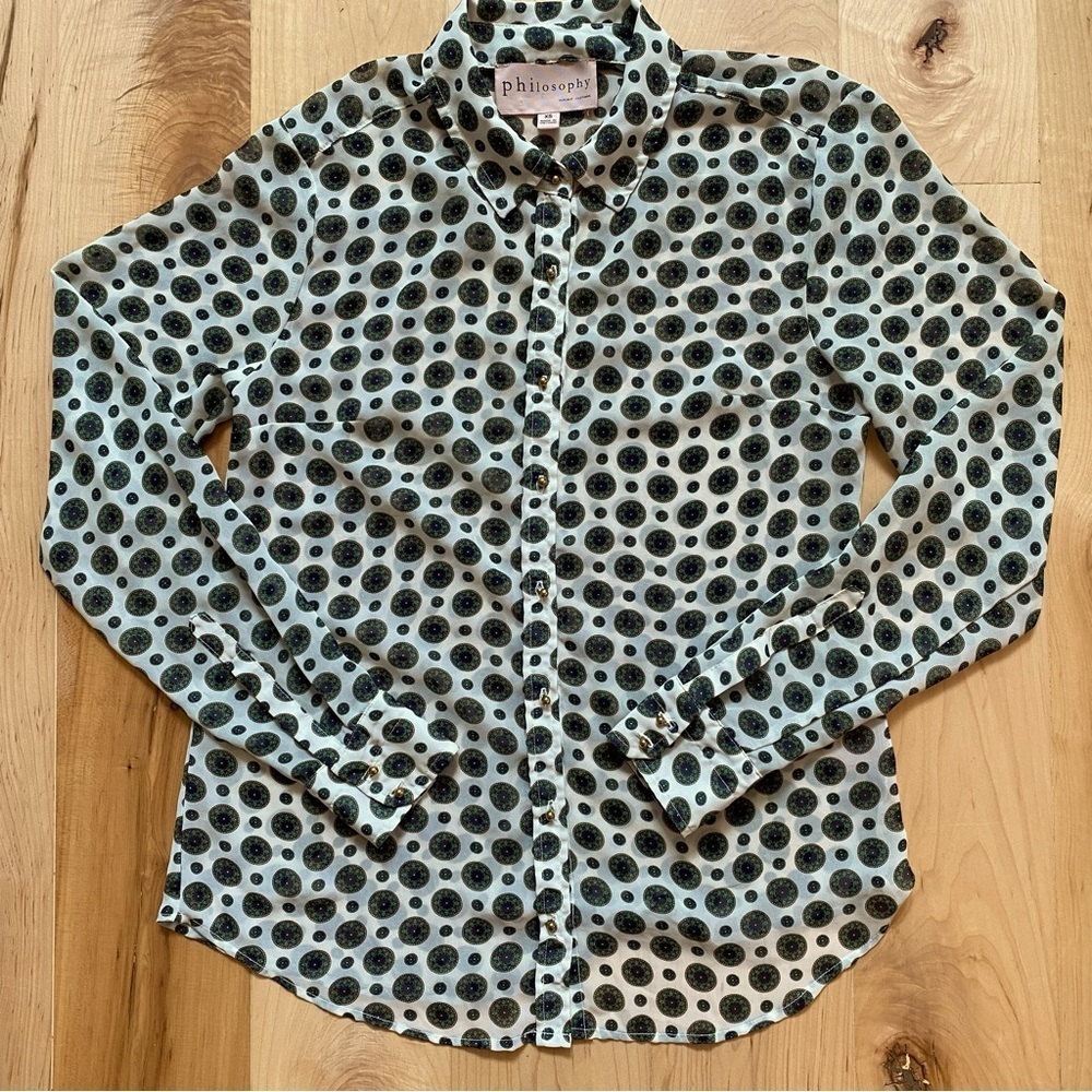 Philosophy Sheer Medallion/Paisley Print Blouse with Gold Botton Accents